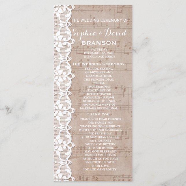 Vintages Musikblatt & Hochzeitsprogramm Programm (Vorderseite)