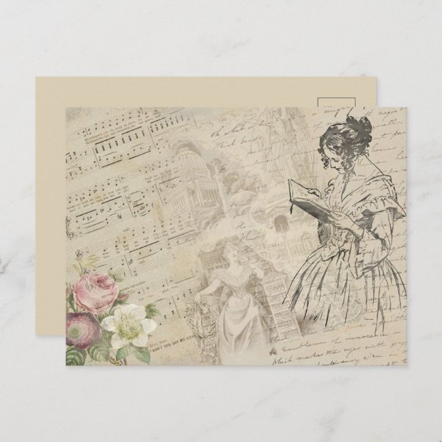 Vintages Musikblatt Liebe Letter Lady Floral Postkarte (Vorne/Hinten)