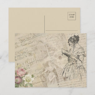 Vintages Musikblatt Liebe Letter Lady Floral Postkarte