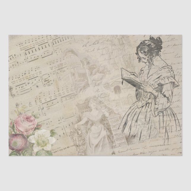 Vintages Musikblatt Script Letter Lady Floral Seidenpapier (Vorderseite)