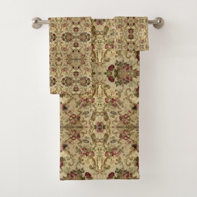 Vintages Muster Beige Burgund Badhandtuch Set (Insitu)