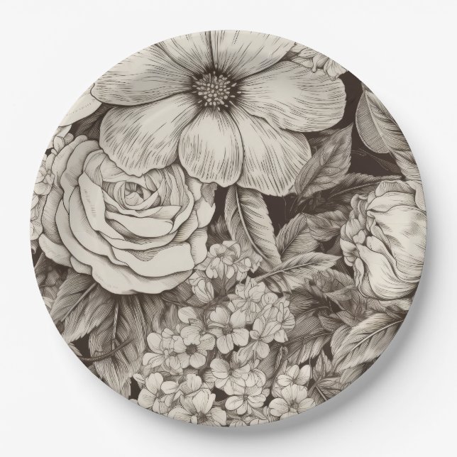 Vintages Muster der Sepia floral (1) Pappteller (Vorderseite)