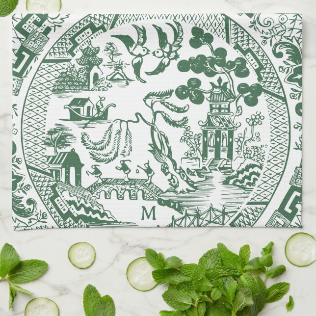 Vintages Muster für die Willow-China,  Monogramm Geschirrtuch (Gefaltet)