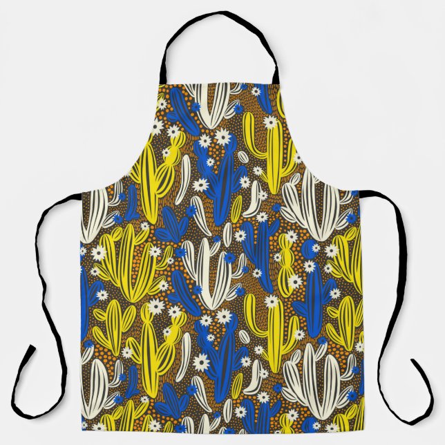 Vintages Muster mit Kaktus auf schwarzem Hintergru Schürze (Vorderseite)
