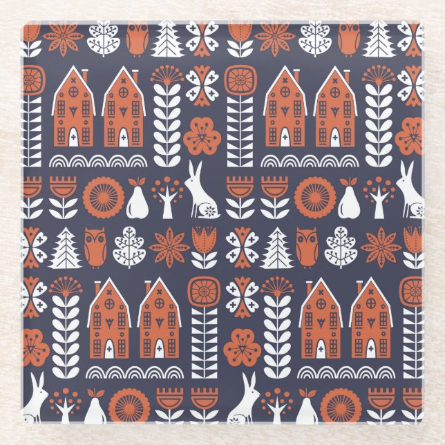 Vintages Muster skandinavischer Folklore Glasuntersetzer (Vorderseite)