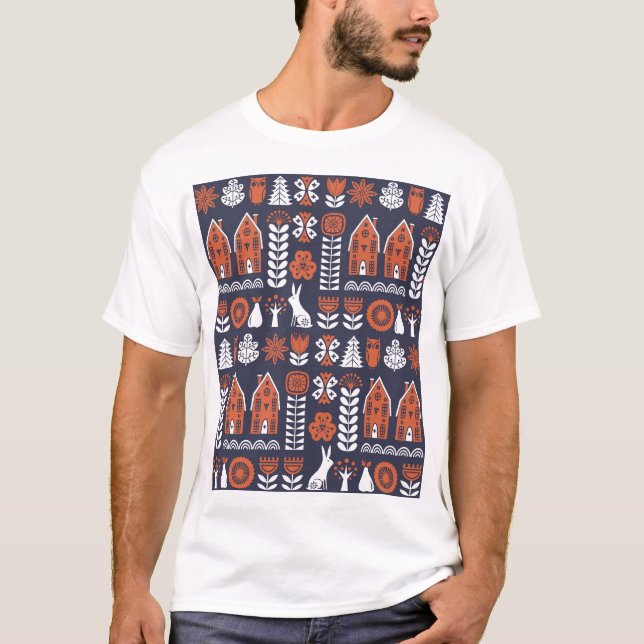 Vintages Muster skandinavischer Folklore T-Shirt (Vorderseite)