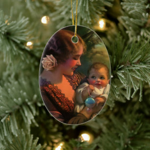 Vintages Muttertagportrait, Mama und Baby Keramik Ornament