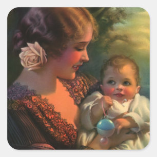 Vintages Muttertagportrait, Mama und Baby Quadratischer Aufkleber