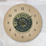 Vintages Nähen Ephemera Große Wanduhr<br><div class="desc">Personalisieren Sie diese einzigartige dekorative Wanduhr mit einem Namen oder einer anderen Textbezeichnung für einen Nähraum oder eine Nische. Erstellt mit einem Bild von der Oberseite eines Vintagen Threadspools auf einem antiken Papier aussehen Hintergrund. Ihre Wahl von rund oder quadratisch.</div>