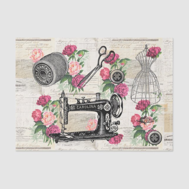 Vintages Nähen rosa Rosen, französisches Zwirnpapi Seidenpapier (Vorderseite)