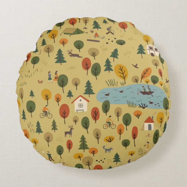 Vintages nahtloses Muster der Herbstwaldlandschaft Rundes Kissen (Vorderseite)