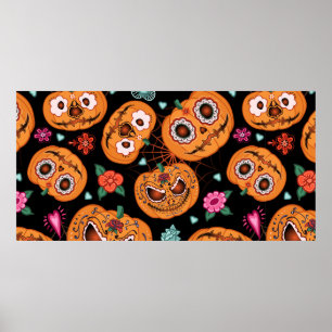 Vintages nahtloses Muster zu Halloween. Pumpkin, f Poster