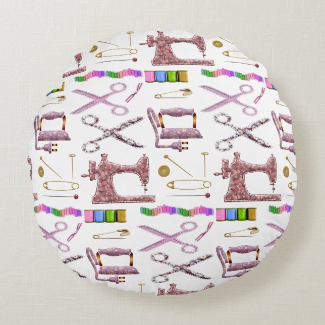Vintages Nähzubehör für Seamstress Schneider Rundes Kissen (Vorderseite)