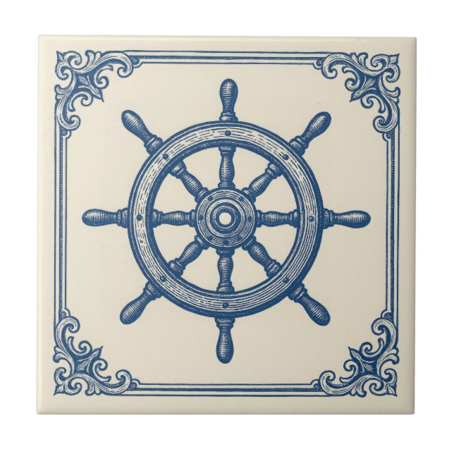 Vintages Nautical Blue Captains Wheel Fliese (Vorderseite)