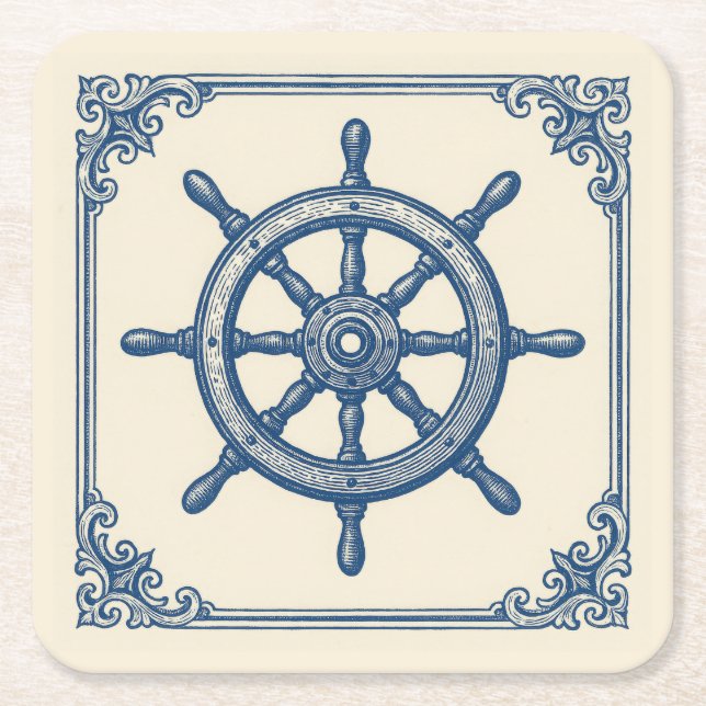 Vintages Nautical Blue Captains Wheel Rechteckiger Pappuntersetzer (Vorderseite)