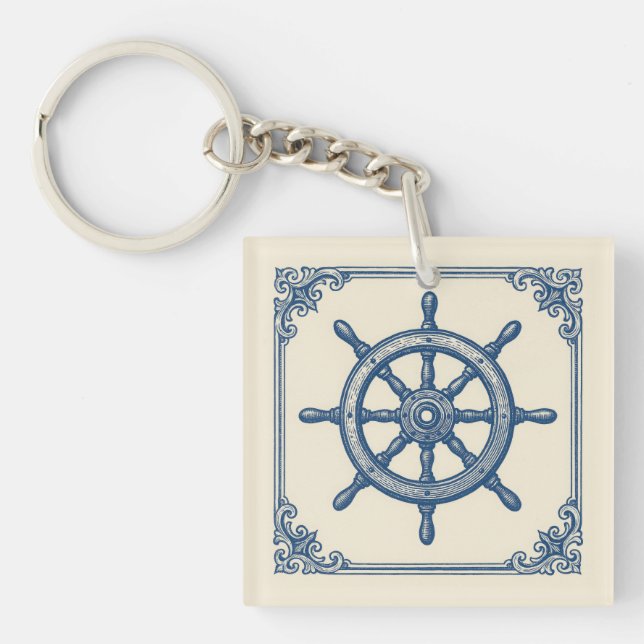 Vintages Nautical Blue Captains Wheel Schlüsselanhänger (Vorderseite)