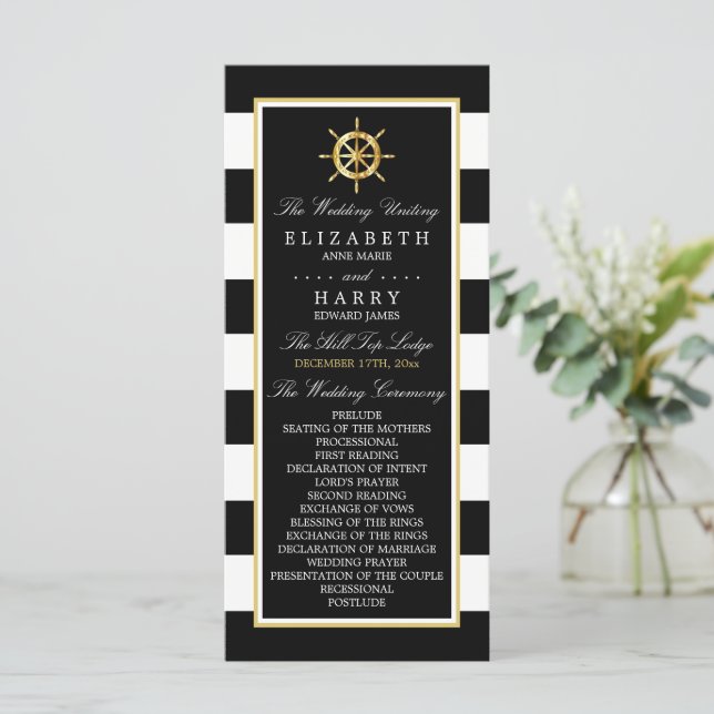 Vintages Nautical Gold Wheel, Black & Gold Wedding Programm (Stehend Vorderseite)
