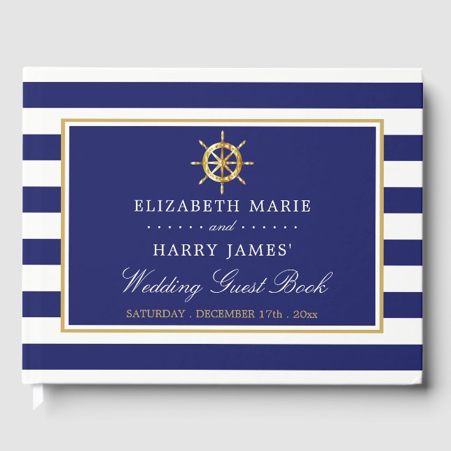Vintages Nautical Gold Wheel, Navy & Gold Wedding Gästebuch (Vorderseite)