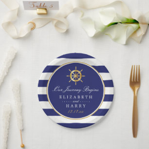 Vintages Nautical Gold Wheel, Navy & Gold Wedding Pappteller