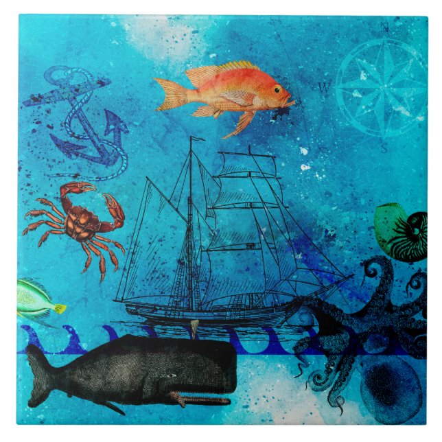 Vintages nautisches Tiefenblau Fliese (Vorderseite)