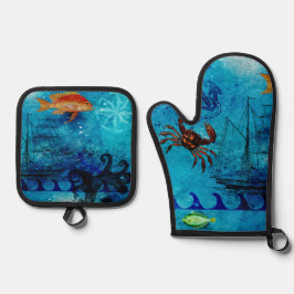 Vintages nautisches Tiefenblau Ofenhandschuh & Topflappen-Set