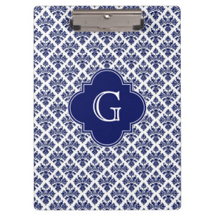 Vintages Navy Blue Damask #3 Navy Monogram Klemmbrett