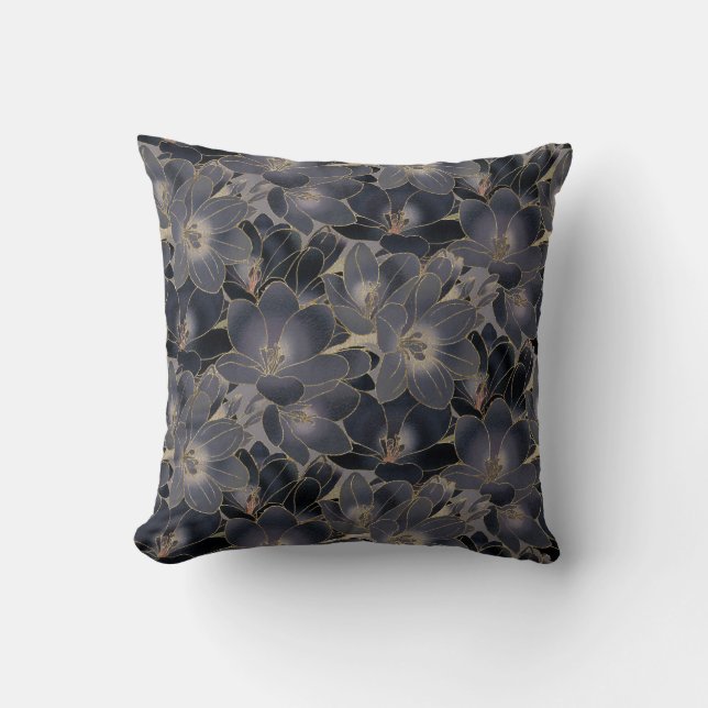 Vintages Navy Blue & Smoky Graues Blumenmuster Kissen (Vorderseite)