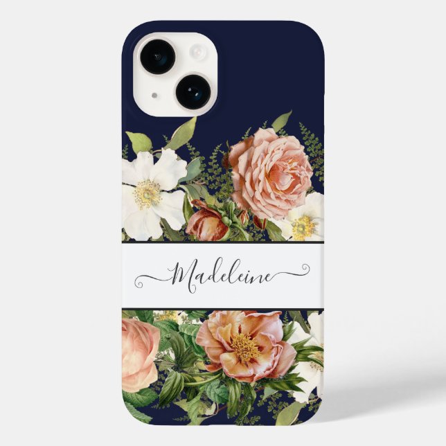 Vintages Navy Pink in White Floral w Hübsche Blume Case-Mate iPhone Hülle (Rückseite)