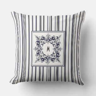Vintages Navy-Strip-Label und Monogramm Kissen