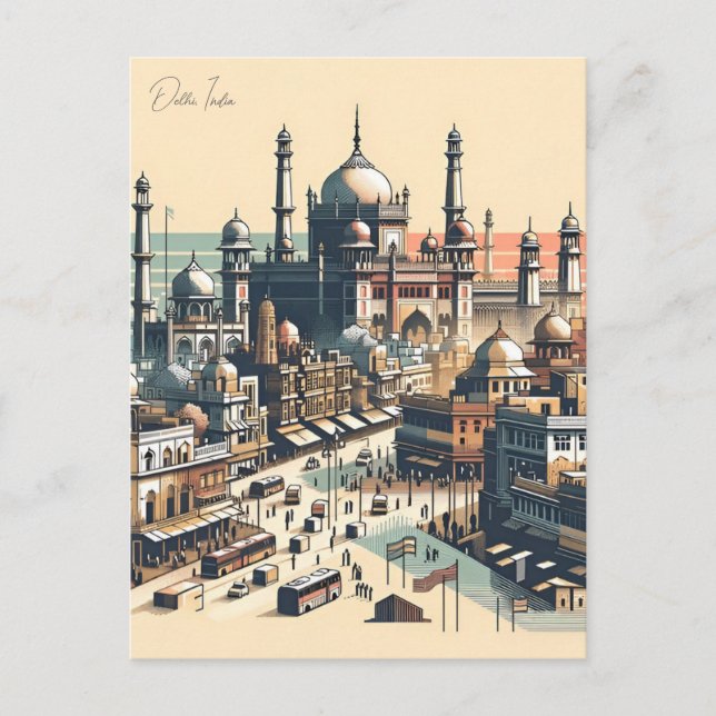 Vintages Neu-Delhi, Indien Reisen Aquarelltonretro Postkarte (Vorderseite)