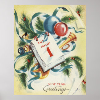 Vintages New Year Greetings Card Poster Circa 1950