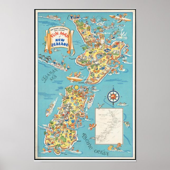 Vintages New Zealand Fun Map South Island Poster (Vorne)