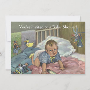 Vintages Niedliches Baby in Crib mit Toys Baby Dus Einladung