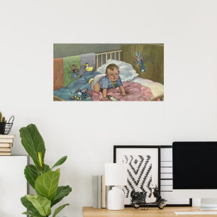 Vintages Niedliches Baby-Spielen in der Kinderkrip Poster