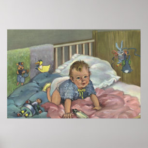 Vintages Niedliches Baby-Spielen in der Kinderkrip Poster