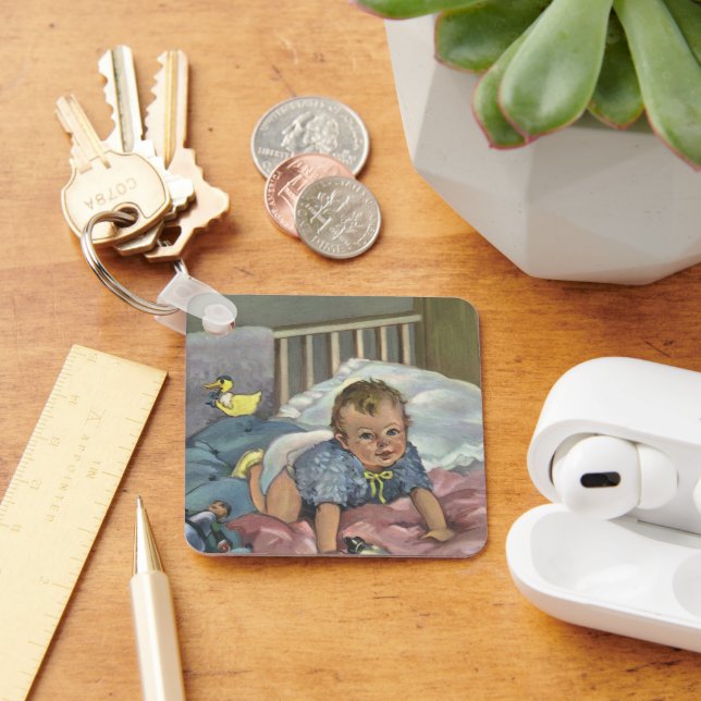 Vintages Niedliches Baby-Spielen in der Kinderkrip Schlüsselanhänger (Schreibtisch)