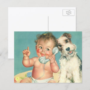 Vintages Niedliches Baby-Talk am Telefon Welpenhun Postkarte