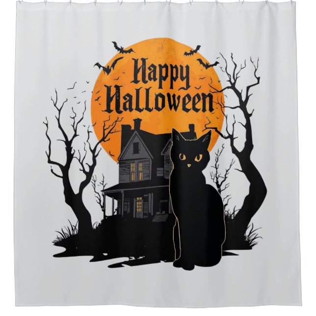 Vintages Niedliches Cat Bat Happy Halloween Duschvorhang (Vorderseite)