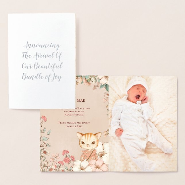 Vintages Niedliches Cat Foto Girl Geburtsankündigu Folienkarte (Anzeige)