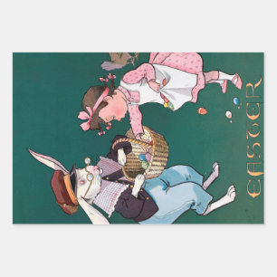 Vintages Niedliches Girl Bunny Rabbit Ostereier Geschenkpapier Set