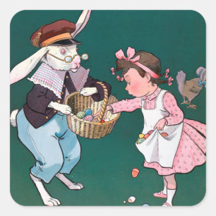 Vintages Niedliches Girl Bunny Rabbit Ostereier Quadratischer Aufkleber
