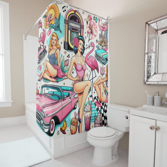 Vintages Niedliches Muster der 50er Jahre Duschvorhang (Beispiel)