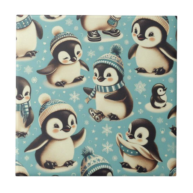Vintages Niedliches Pinguin-Muster Fliese (Vorderseite)