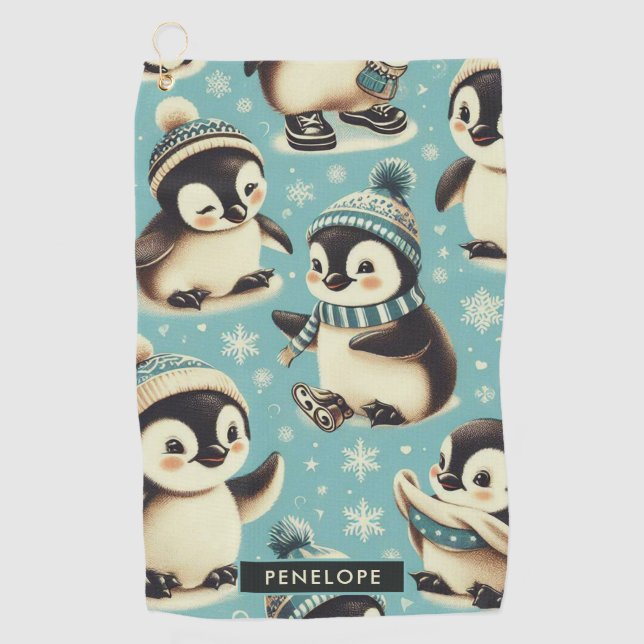 Vintages Niedliches Pinguin-Muster Golfhandtuch (Vorderseite)
