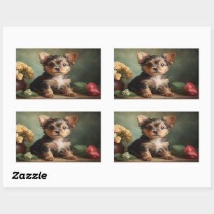 Vintages Niedliches Puppy Yorkshire Terrier Dog Po Rechteckiger Aufkleber
