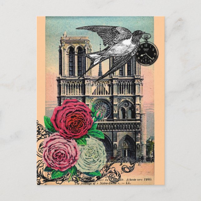 Vintages Notre Dame, Schlucken, Rose, Collage Postkarte (Vorderseite)