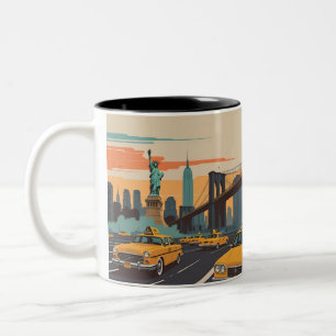 Vintages NYC Skyline Poster - Gelbe Kab, Wolkenkra Zweifarbige Tasse