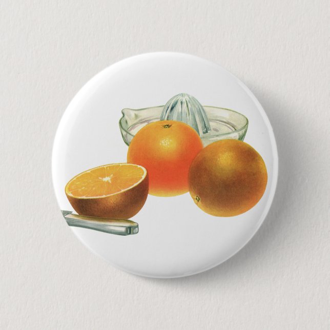Vintages Obst, reifen Orangen Juicer Frühstück Button (Vorderseite)