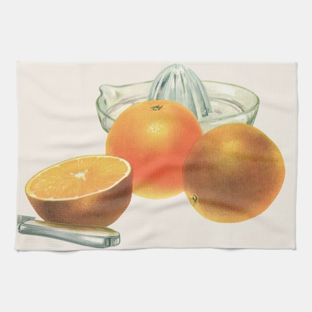 Vintages Obst, reifen Orangen Juicer Frühstück Geschirrtuch (Horizontal)