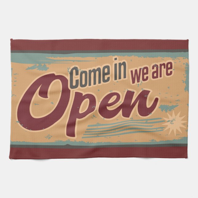 Vintages offenes Geschäftszeichen Retro-Café-Garag Geschirrtuch (Horizontal)